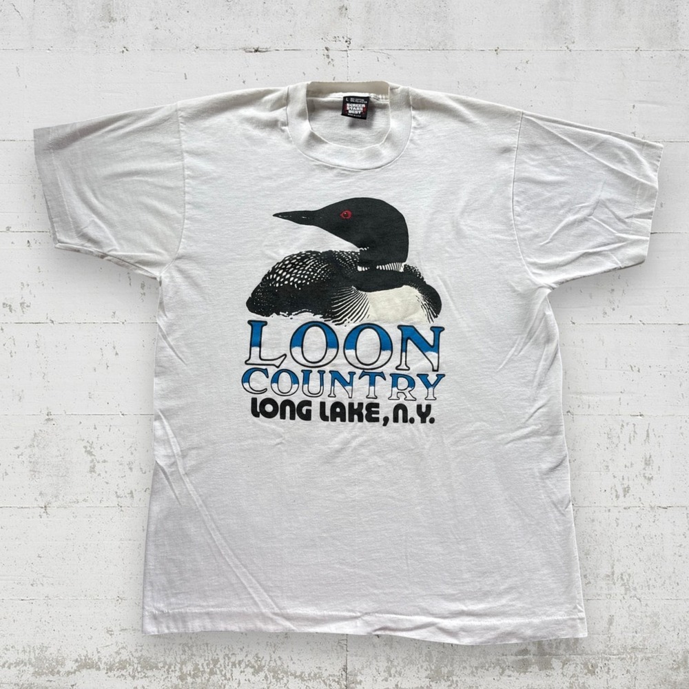 Vtg Screen Stars Single Stitch Loon Country Long Lake NY T Shirt Sz L White